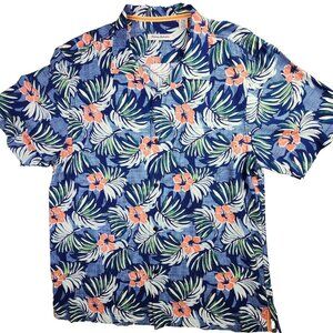 Tommy Bahama Hawaiian Shirt Men Large Blue Hibiscus Cove Floral Rayon Resortwear